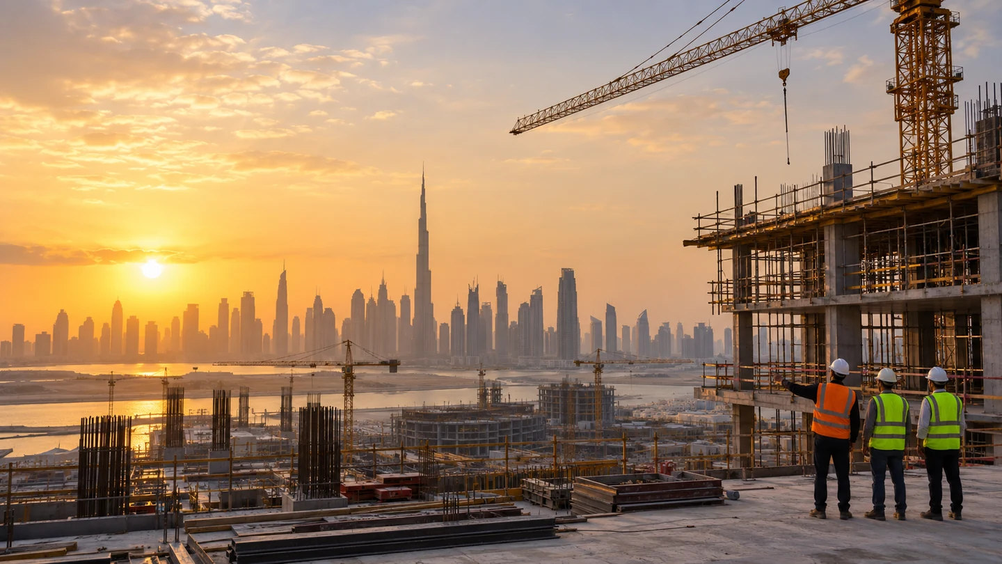 UAE construction skyline at golden hour